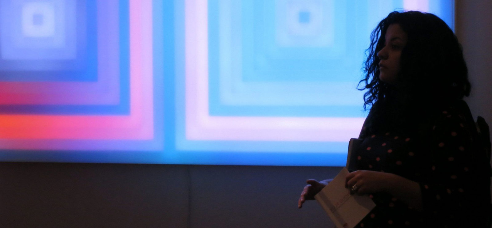 A silhouette of a person standing in front of a digital artwork by Leo Villareal.